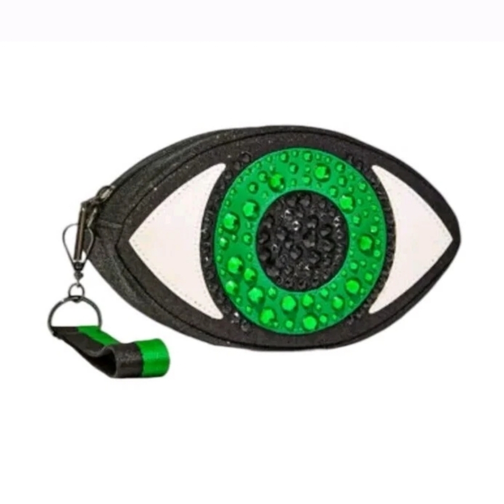 Bath & Body Works 8.5" Eyeball Clutch Glittery Black Green Gems Cosmetic Bag NWT